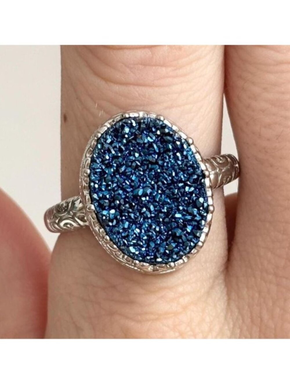 Blue Glitter Druzy Quartz Gemstone Sterling Silver 925 Vintage Ring - sz 10